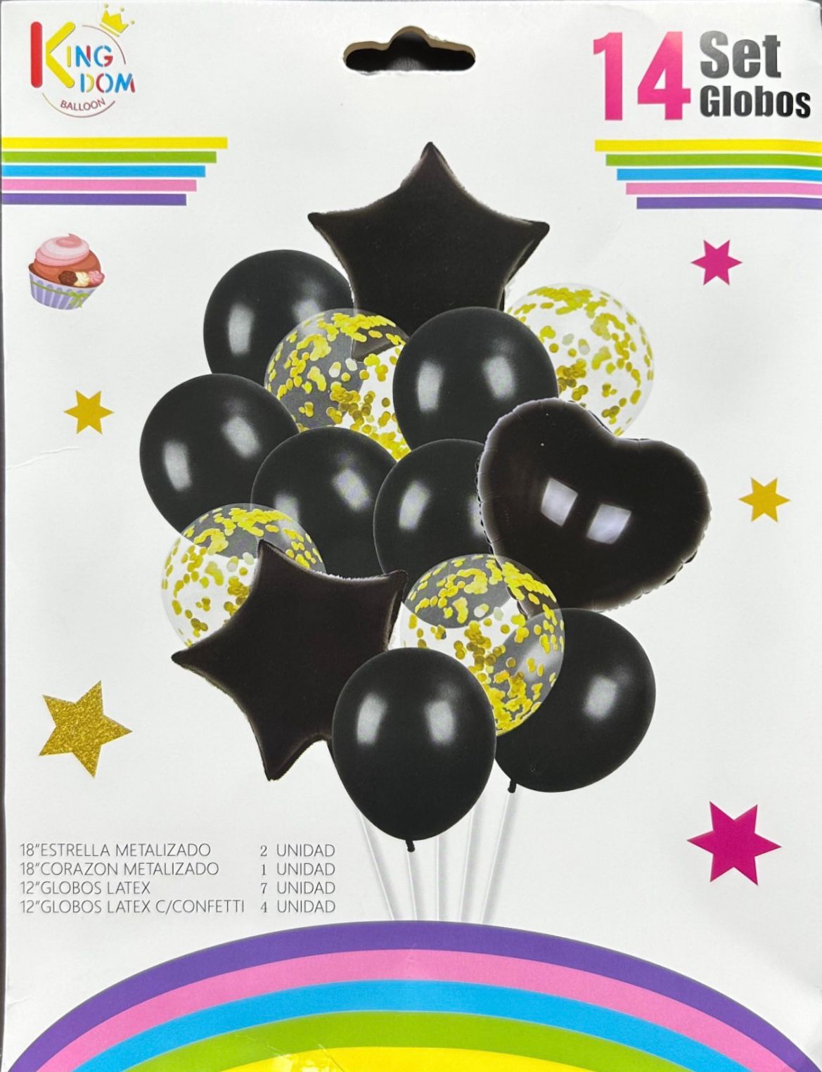 Set 9 Globos Metalizados Estrella Confetti Negro Plateado